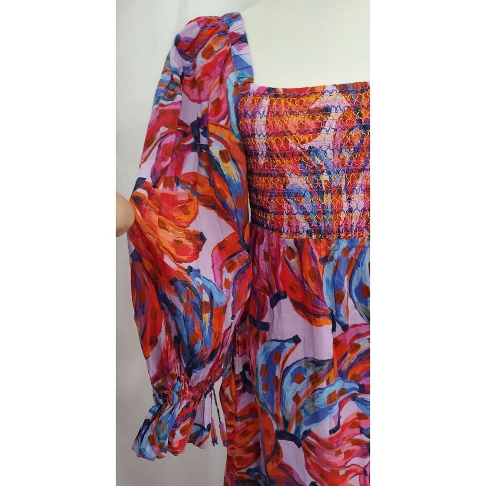 FARM Rio Maxi Dress L Coloured Bananas Puff Sleeves Smocked Tropical - Picture 10 of 15